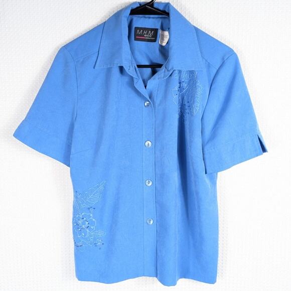 MHM Melissa Harper Petite 8P Blue Two Piece Set Shirt Pants Embellished Floral - Picture 2 of 6